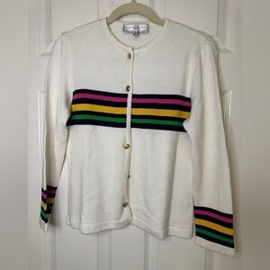 St. John Sport White Cardigan Sweater – Striped Detail – Size Small